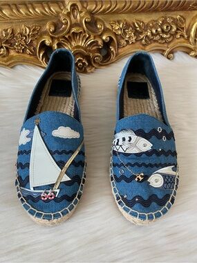 Tory Burch Seafaring Denim Espadrille Sailboat Fish Ocean